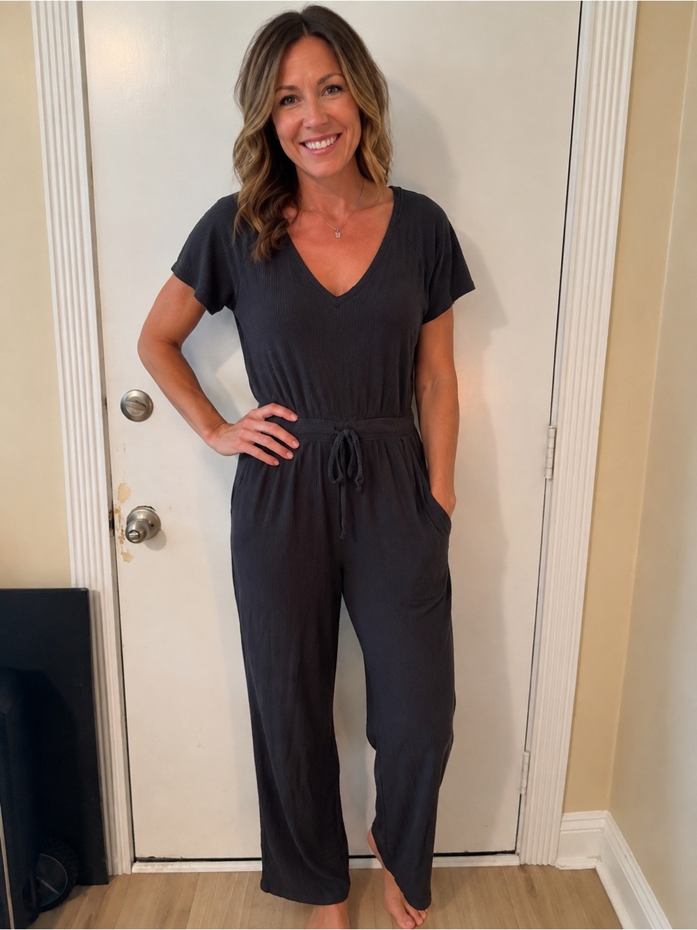 Old Navy Charcoal Short-Sleeve V-Neck Drawstring Jumpsuit